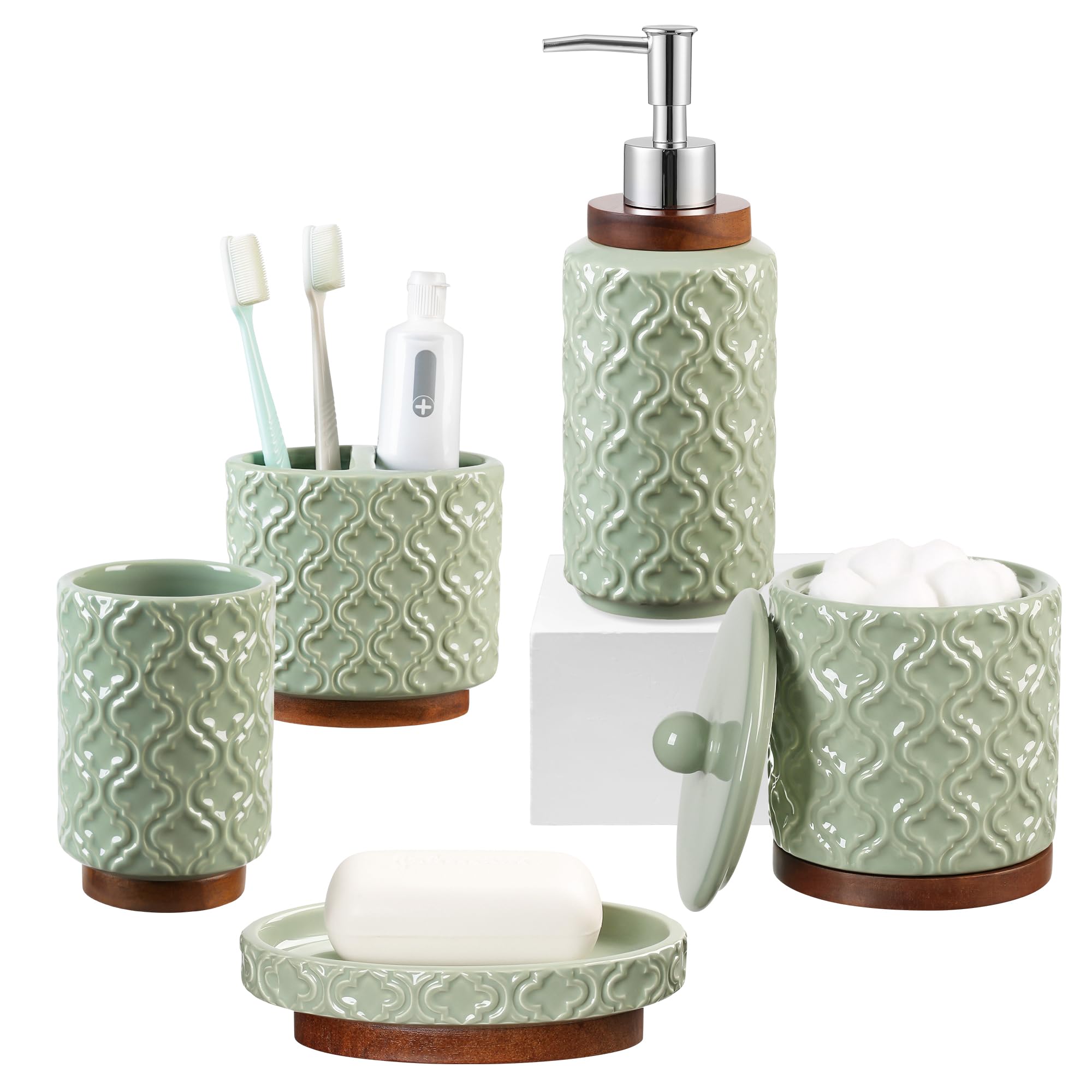 RQYIXI Elegant 5 PCS Ceramic&Wood Bathroom Accessories Set:Soap Dispenser,Toothbrush Holder,Tumbler,Soap Dish,Cotton Swab Jar,Easy to Clean,Quatrefoil Pattern,Green-Affordable Home Luxury