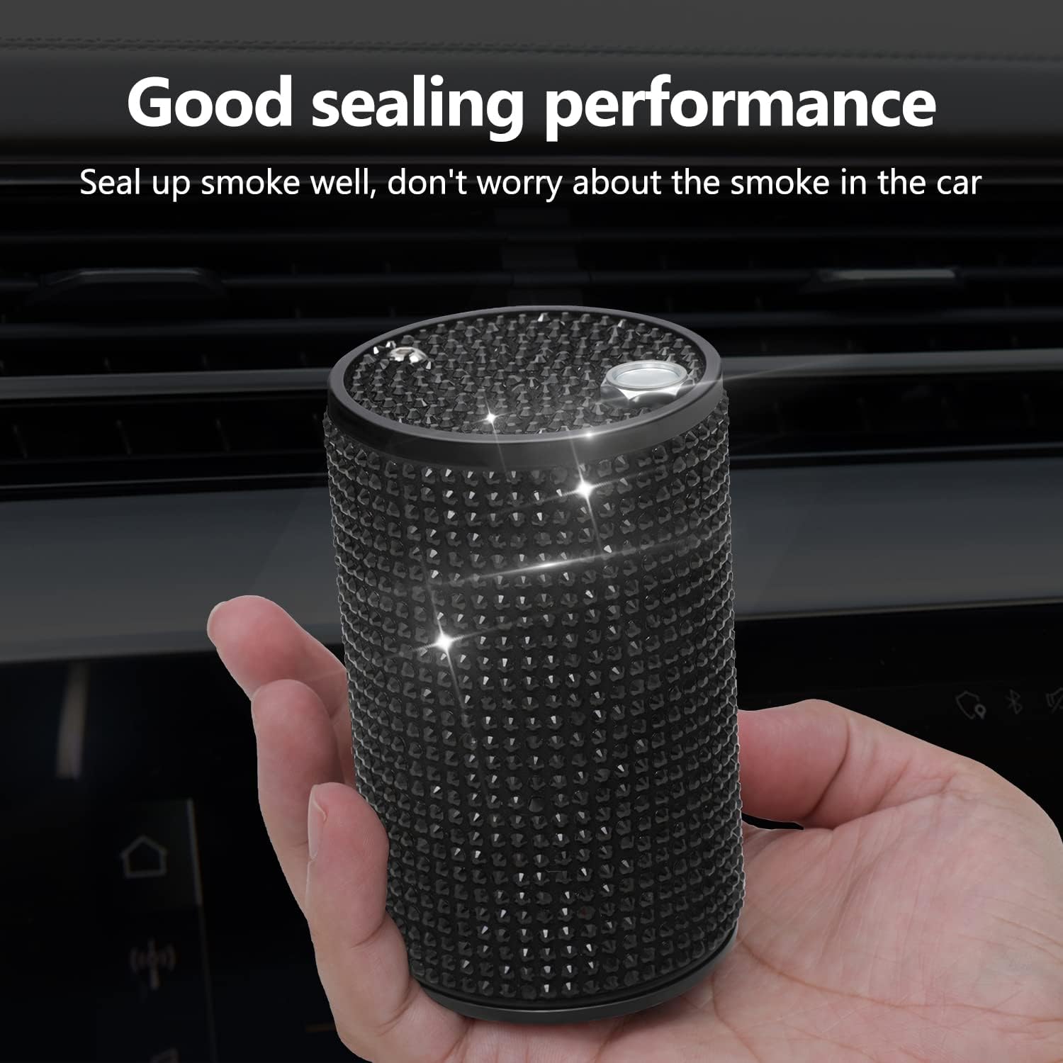 Car Ashtray with Lid Smell Proof, Aluminum Crystal Diamond Cigarette Smokeless Automotive Ashtray, Cup Holder Detachable Easy Clean Ash Tray for Car Women Home Office, Black