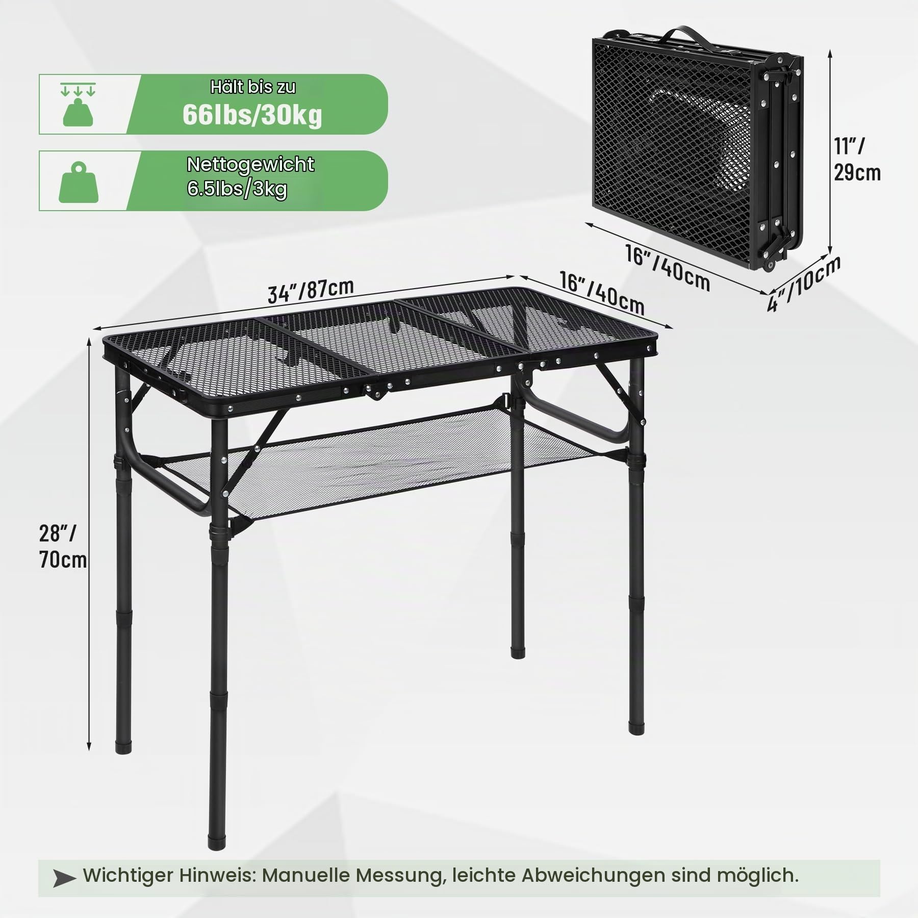 REDCAMP Tragbarer Grilltisch mit Mesh Desktop, höhenverstellbar, Schwarz | 87 x 40cm, Leichter Faltbarer Klappbarer Campingtisch, für Camping Kochen BBQ RV Picknick,einfach aufzubauen
