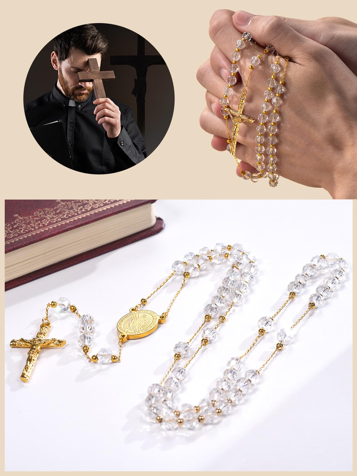 FaithHeart Collier Chapelet Catholique en Acier Inoxydable pour Femme Homme, Chaîne de Rosaire 66cm avec Médaille de Vierge Marie et Pendentif Crucifix, Cadeau Bijou pour Communion et Baptême