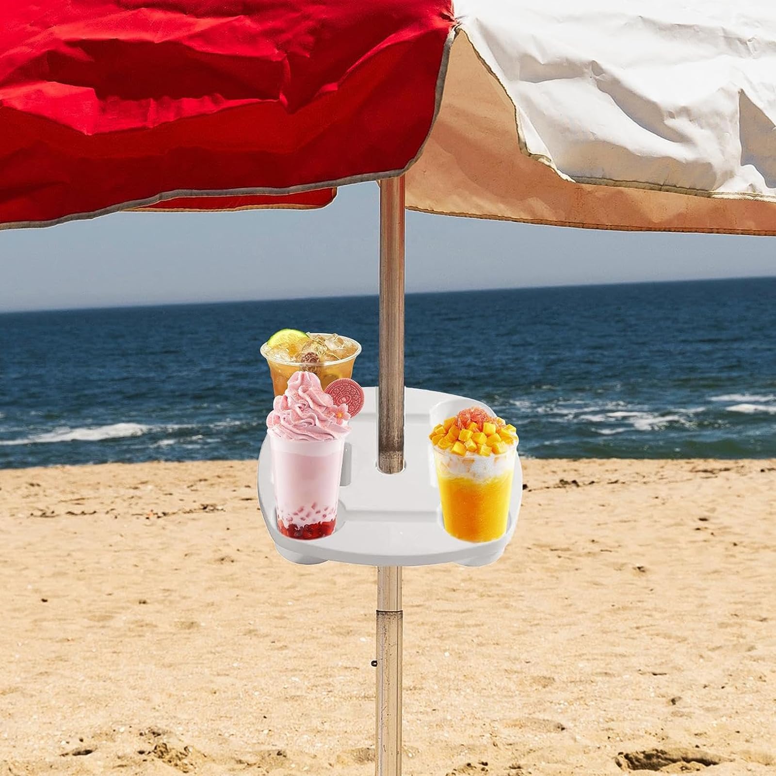 Przenośny stolik na parasol plażowy z uchwytami na kubki, lekka taca na kemping, stojak na napoje, idealny do aktywności na świeżym powietrzu i pikników
