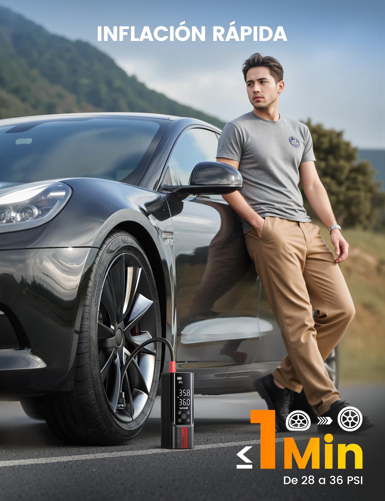 Lamicall Compresor Aire Portatil, Inflador Rueda Coche - [150 PSI Inflación Rápida] con Pantalla LCD Digital y Luz LED, Banco de Energía, Hinchador con 3 Boquilla para Coche/Bici/Moto/Pelota