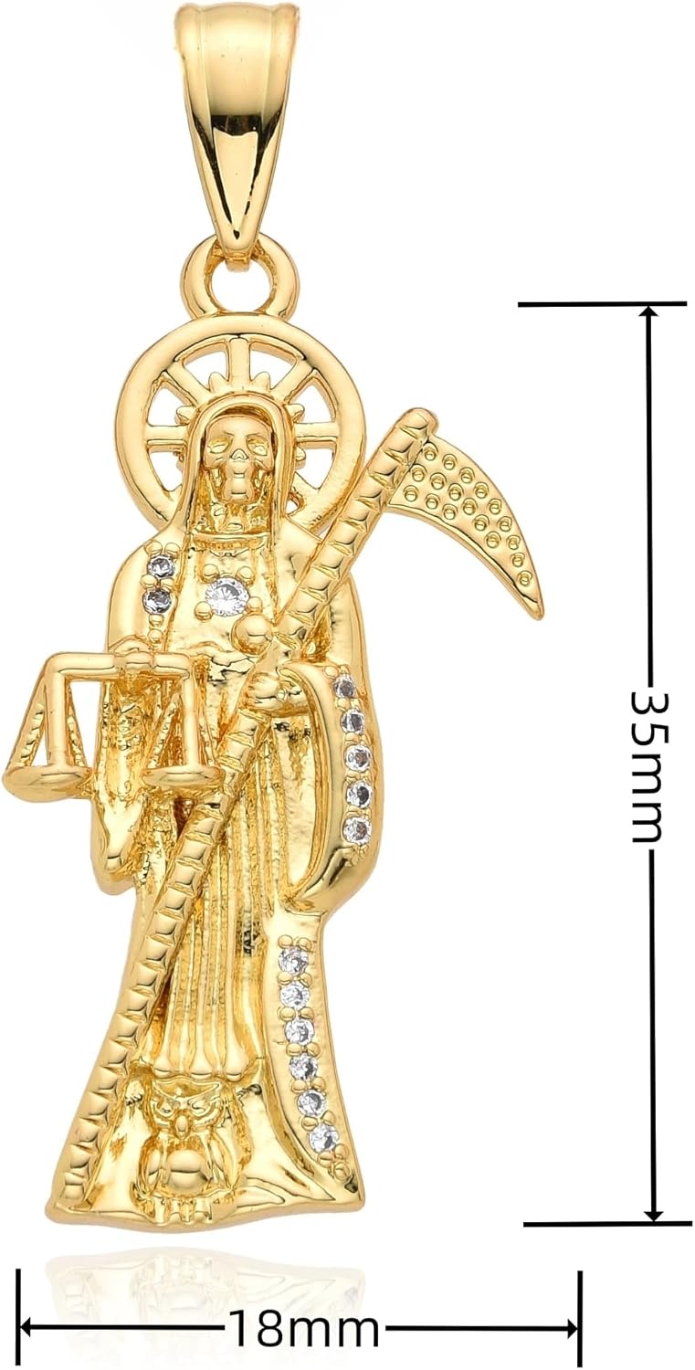 14K Yellow Gold Zircon La Santa Muerte Necklace For Women And Men - Holy Death's Pendant Necklace, Santa Muerte Pendant Necklace, Holy Saint Death Necklace Religious Jewelry For Women Men