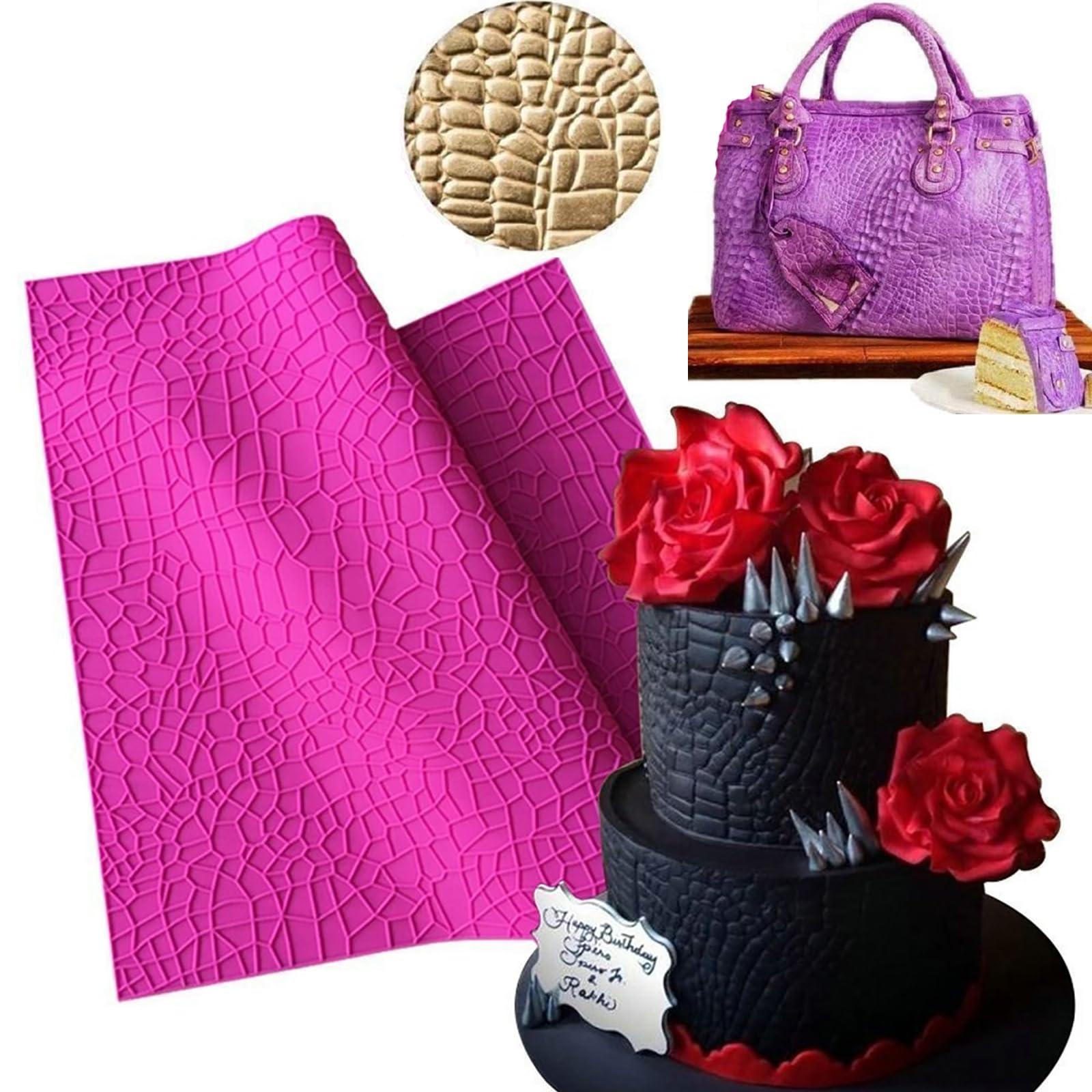 22" Large Silicone Crocodile Alligator Pattern Cake Border Decor Embossing Mold Sugarcraft Pastry Fondant Clay Mould Cupcake Topper Impression Lace Pad Decorating Tool DIY