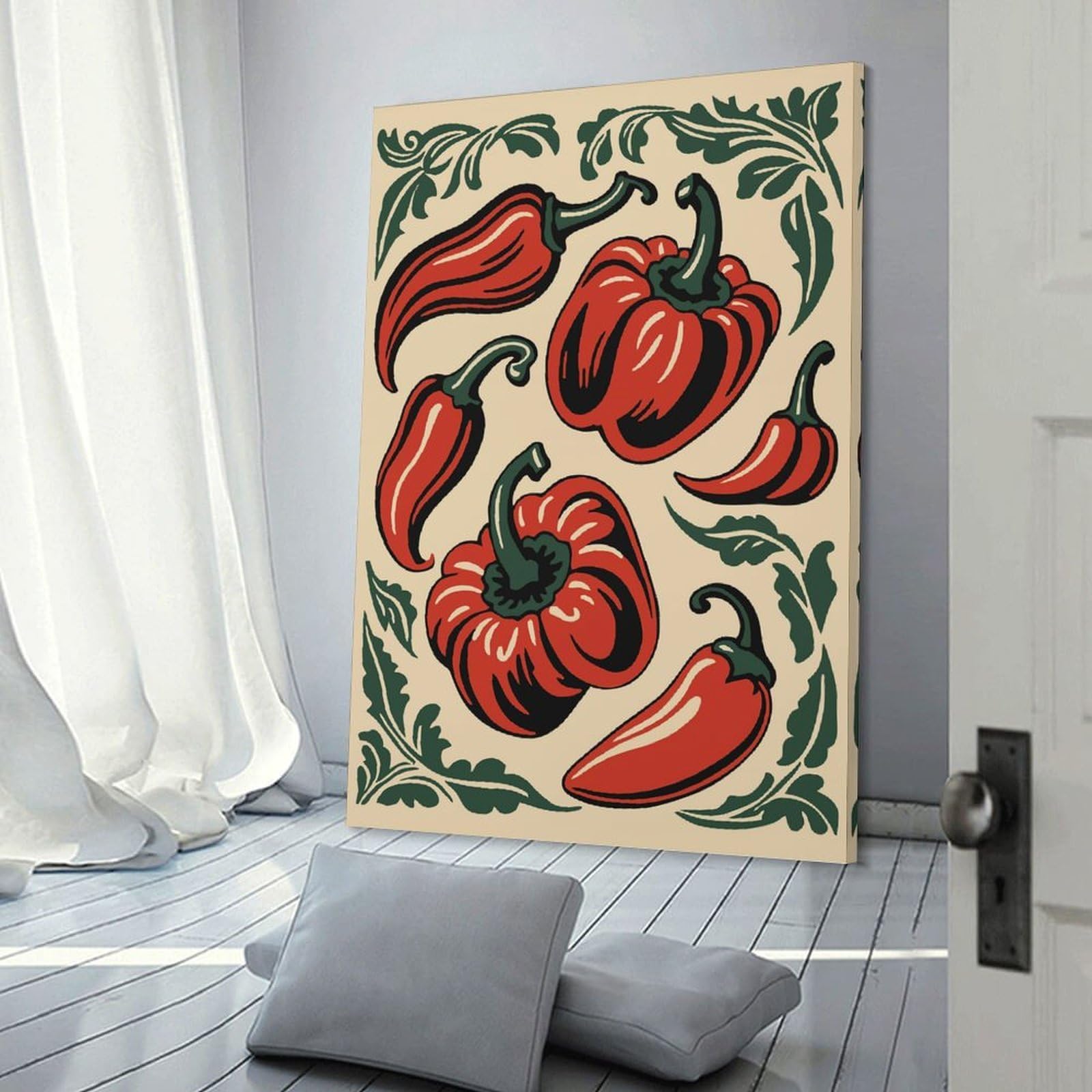 Junmoney Hanging Wall Art Red Peppers And Leaves Illustration, 12x18inch(30x45cm), for Contemporary Homes, Apartments Or Offices, Stylish Wall Art for Fresh Spaces