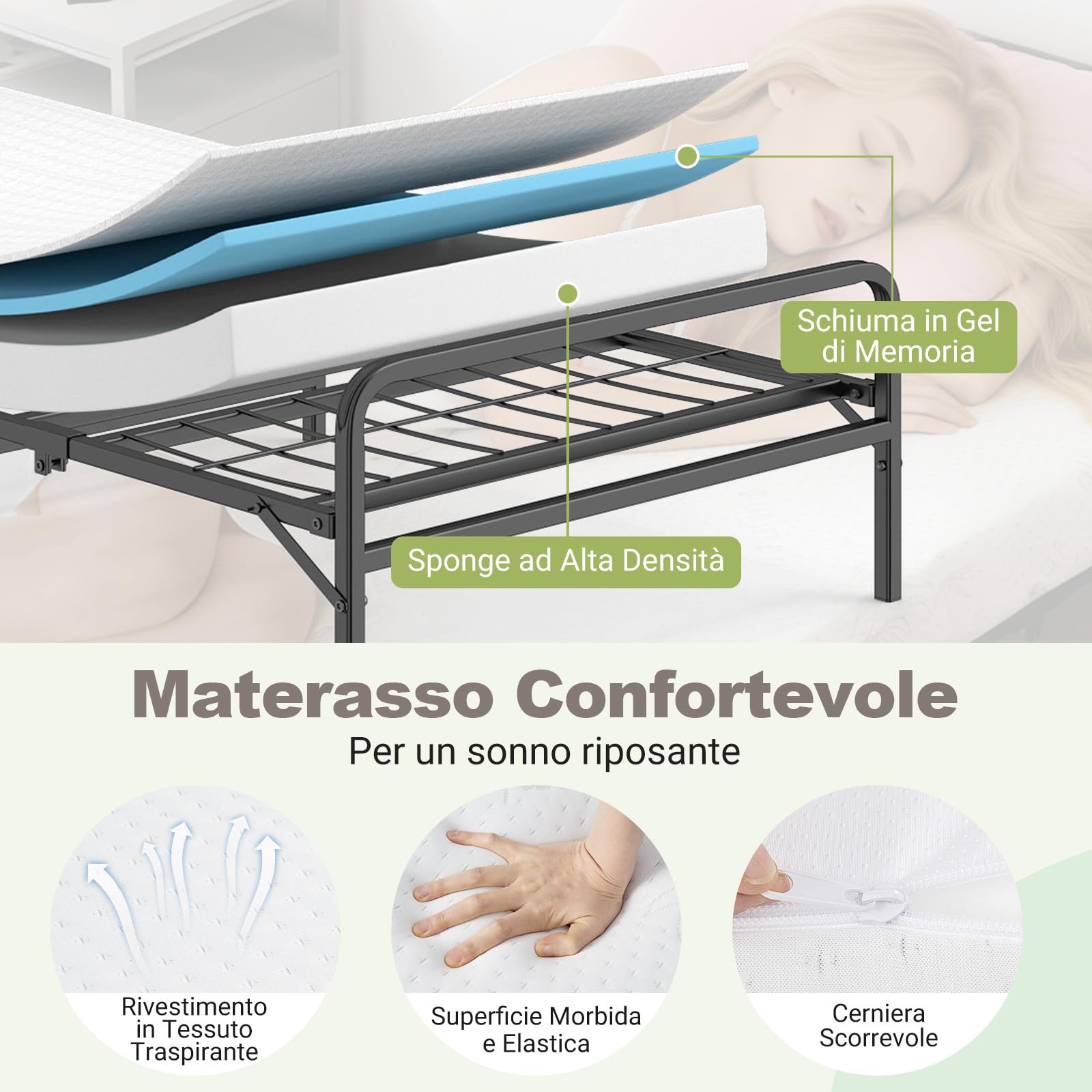 COSTWAY Brandina Pieghevole con Materasso, Letto Portatile con Testiera e Pediera, con Schiuma di Memoria per Camera Ospiti, Dormitorio, Appartamento, 200x90cm