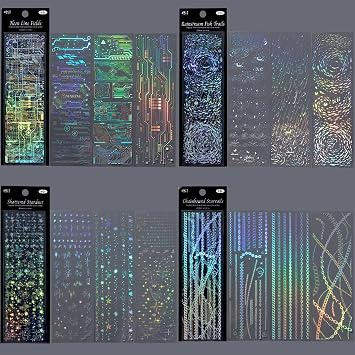 12Sheets Holographic Laser Silver PET Scrapbook Stickers Laser Rain Landscape Star Chain Punk Chip Circuit Korean Sticker Glitter Photocard Deco Stickers For Planner Junk Journal Scrapbooking Supplies