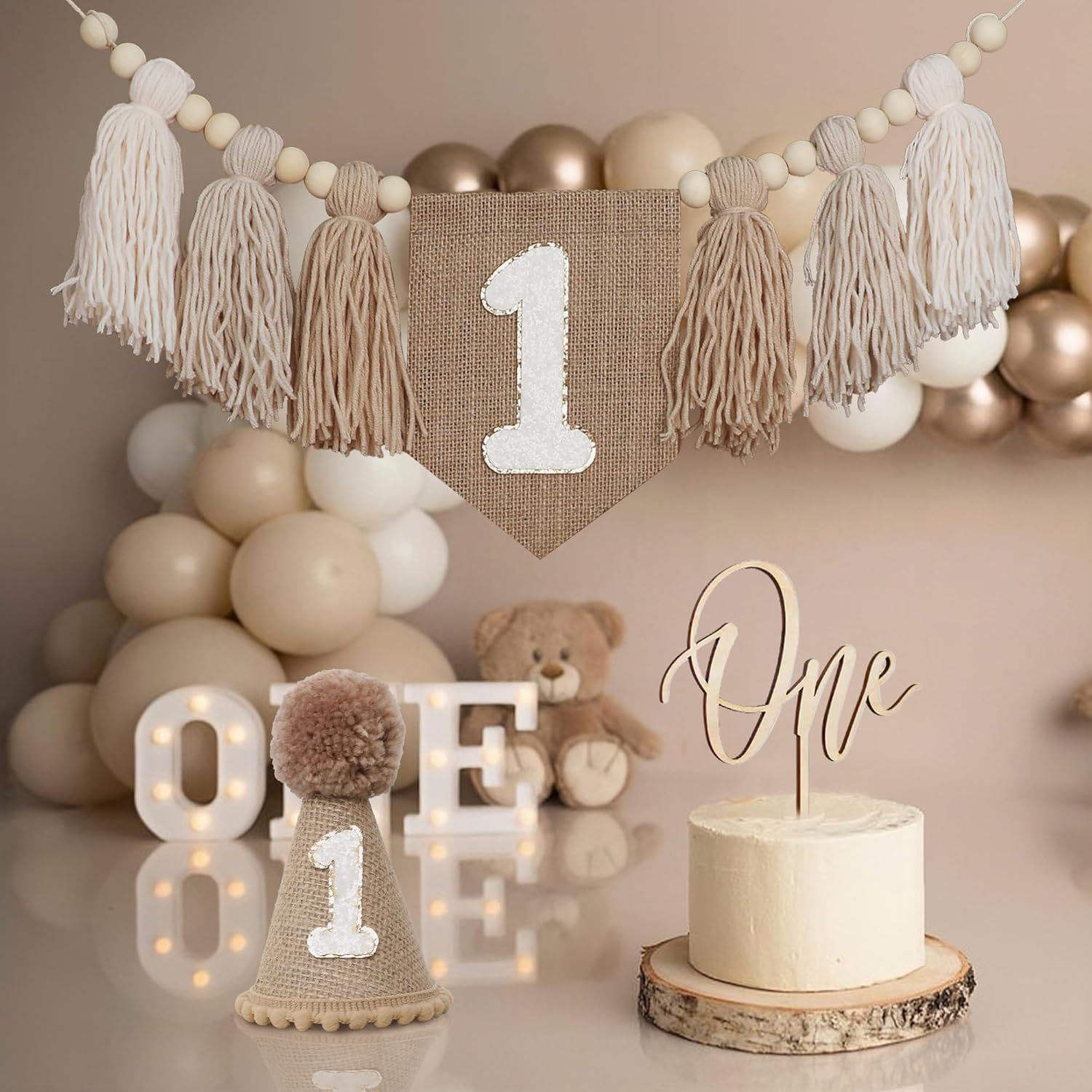 Striscione per seggiolone per primo compleanno, decorazione per primi ragazzi, cappello a cono cachi con un topper per torta sfondo fotografico (Kahaki 2)