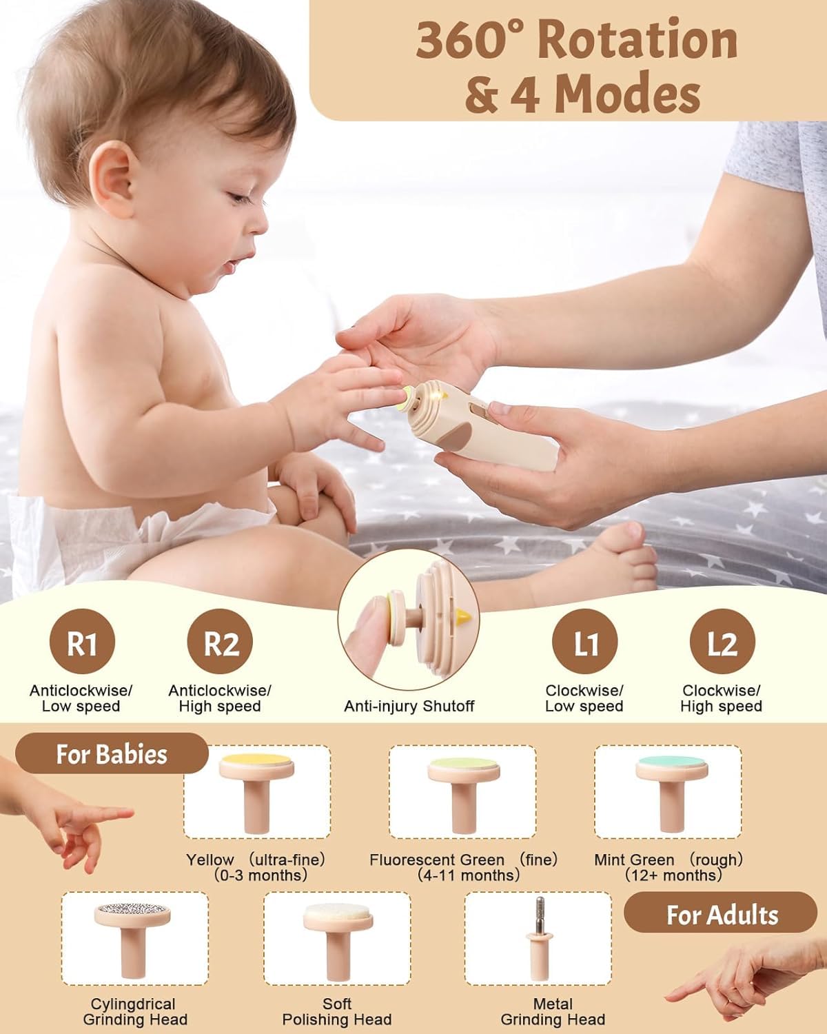 Lictin Baby Nagelfeile Elektrisch, Elektrische Nagelfeile mit 6 Schleifkopf, 26 in 1 Baby Nagelset mit LED Licht, Nagelpflegeset Elektrisch für Babys, Kleinkind, Erwachsene, USB Laden, Braun