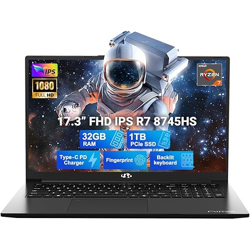 NIMO 17.3" IPS FHD-Gaming-Laptop, AMD Ryzen 7 8745HS 32GB DDR5 RAM 1TB SSD (8C/16T, up to 4.9GHz) Radeon 780M Graphics Business Computer with 100W Type-C Backlit Keyboard, Fingerprint USB-C 4.0