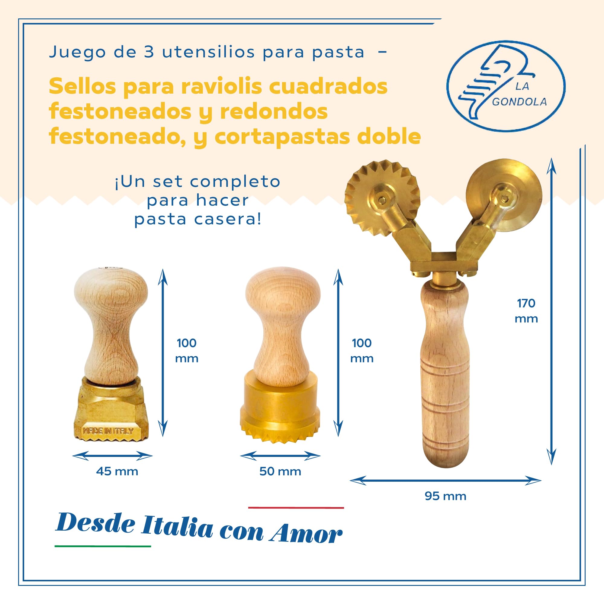 La Gondola Set de 3 Utensilios para Pasta Fresca - Cortador de Raviolis Cuadrado Festoneado 45x45 mm y Redondo Festoneado 50 mm y Cortador de Rueda Doble | Cortapastas de Latón y Madera Natural