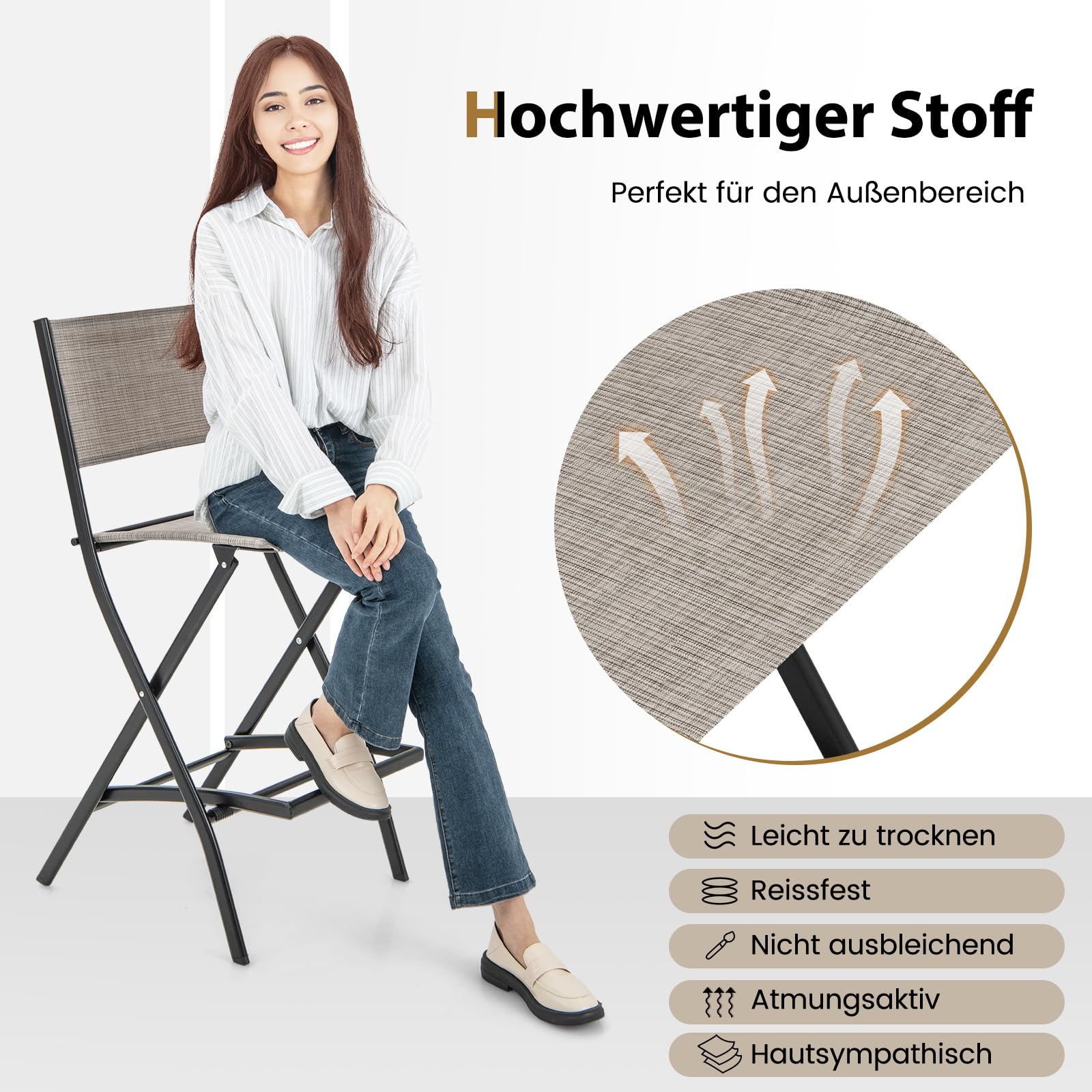 COSTWAY 2er Set Outdoor Barhocker, klappbare Barstühle mit Rückenlehne und Fußstütze, Tresenhocker bis zu 150 kg belastbar, Sitzhöhe 71 cm, Gartenstühle für Balkon, Garten & Poolbereich