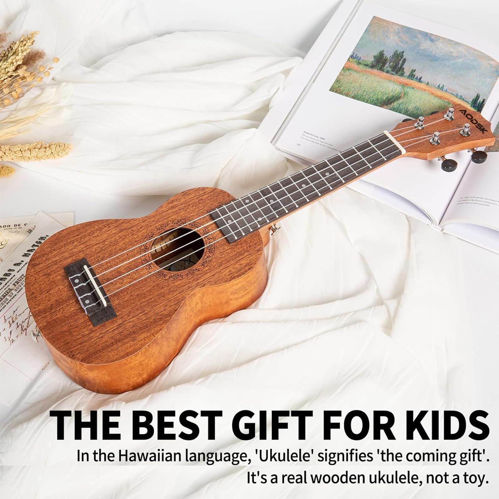 AODSK Juego de ukelele soprano para principiantes, ukelele hawaiano de 21 pulgadas para niños y adultos con bolsa de concierto, cuerdas, kit todo en uno (ukelele sapele de 21 pulgadas) (natural)