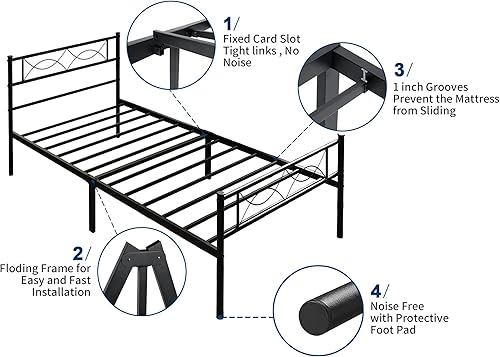 Miniatura 14 de wOod-it Base de cama individual con cabecero, plataforma de metal de 12.8 pulgadas, base de colchón de listones de acero resistente sin ruido, no
