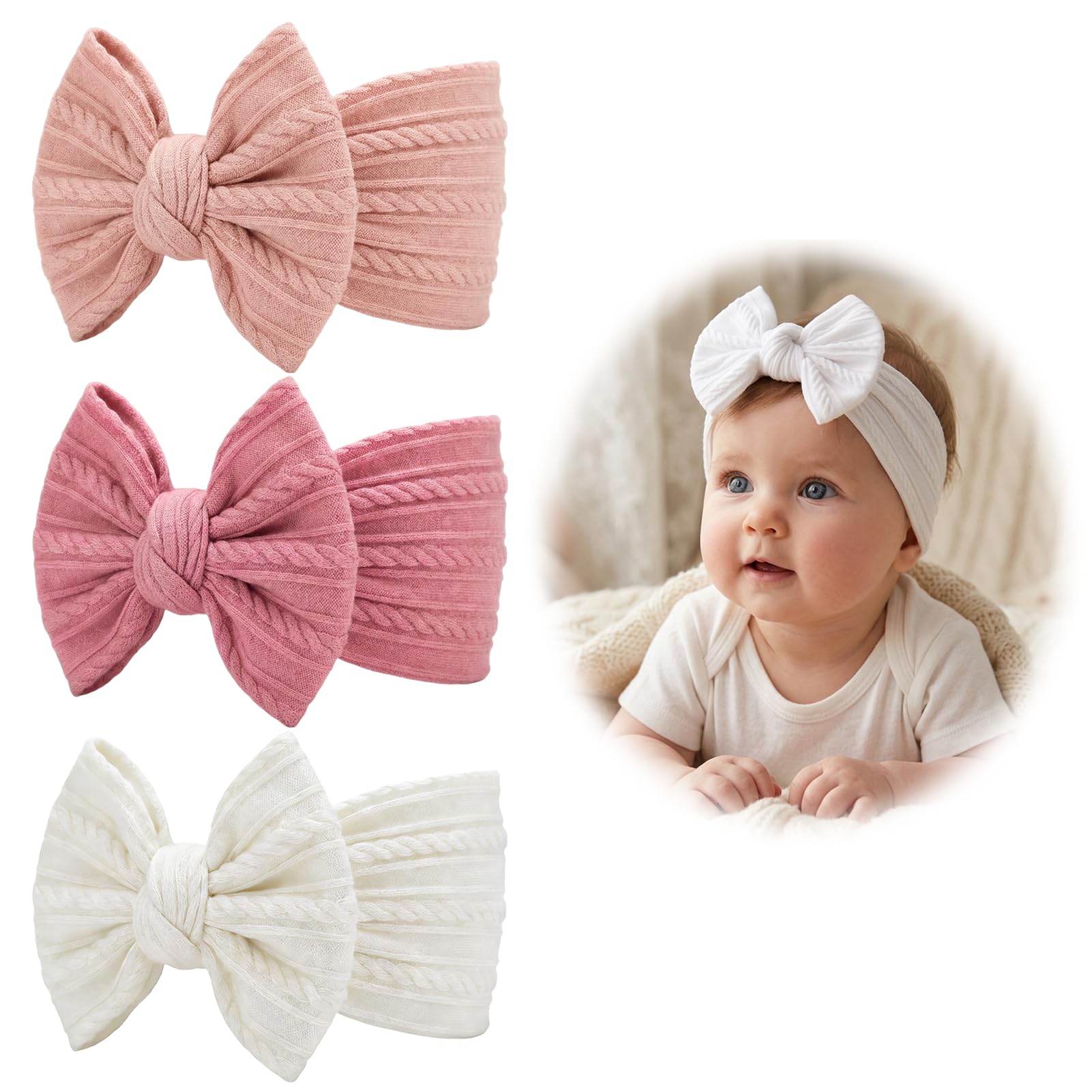 Baby Bows Headbands 3 Pack Baby Headbands with Bows Toddler Hair Accessories Soft Nylon Headband for Newborn Infant Toddlers Kids