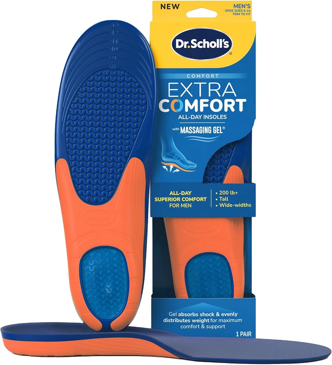 Dr. Scholl's Plantillas de soporte extra cómodas para hombres, talla 8-14, 1 par: plantillas cómodas para zapatos durante todo el día con gel de masaje para hombres grandes y altos, más de 200 libras, pies anchos - Inserciones de soporte para el arco para hombres, recortadas para adaptarse