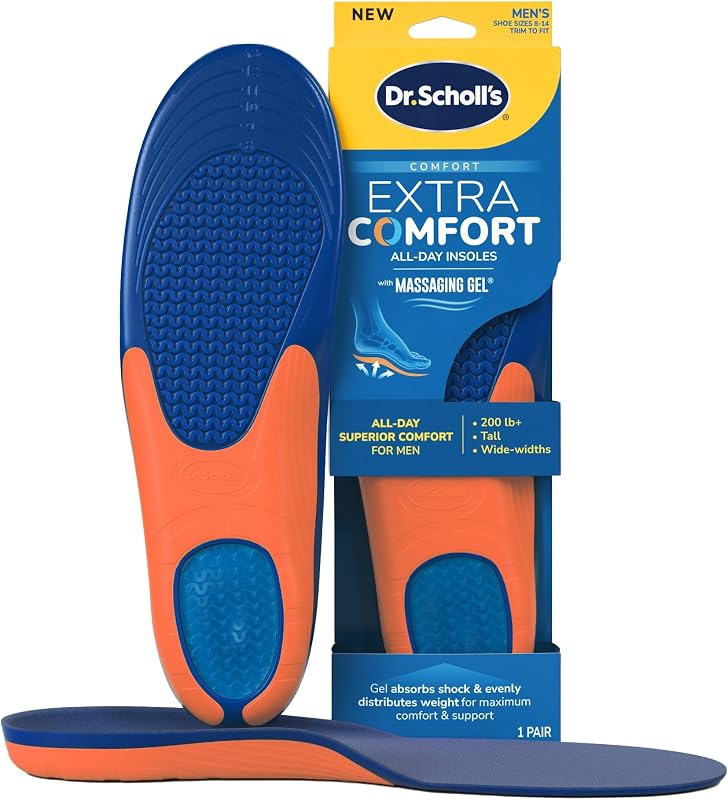 Dr. Scholl's Plantillas de soporte extra cómodas para hombres, talla 8-14, 1 par: plantillas cómodas para zapatos durante todo el día con gel de masaje para hombres grandes y altos, más de 200 libras, pies anchos - Inserciones de soporte para el arco para hombres, recortadas para adaptarse