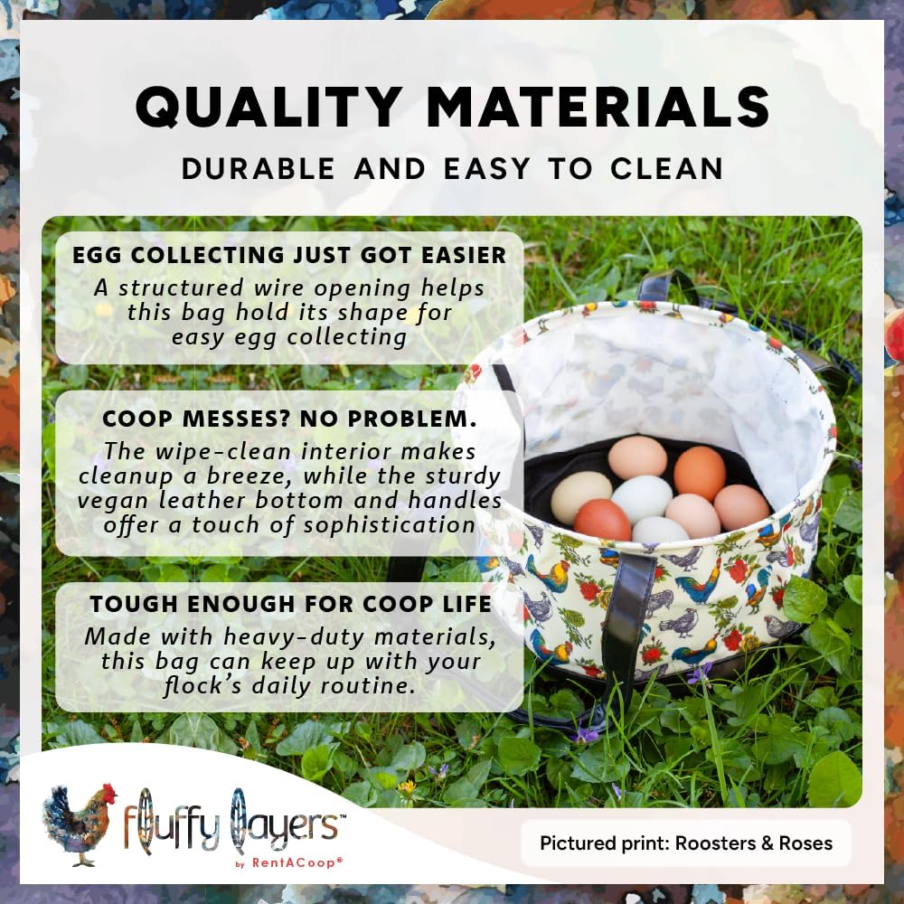 Fluffy Layers by RentACoop Egg Collecting Bag – Durable Coated Canvas and Easy-to-Clean Bottom & Handles – Reusable Farm Egg Basket (Vintage Flock)