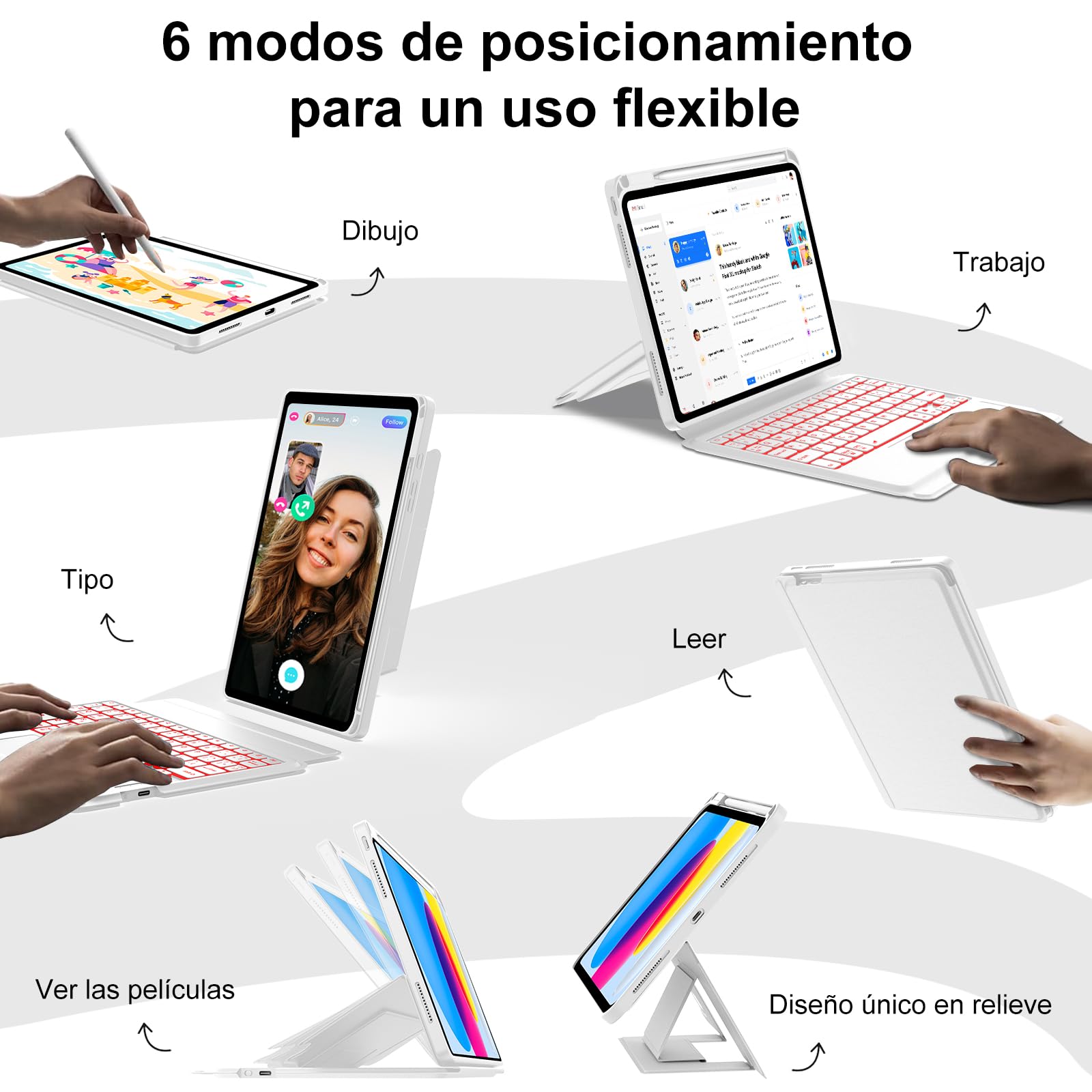 Funda iPad 11 Generación A16/10 Generacióncon Teclado Touchpad, Teclado 3 Canales Bluetooth Español Ñ Retroiluminado 7 Colores Soporte Retrato/Paisaje para iPad 10 2022 10.9"/11 A16 2025 11", Blanco