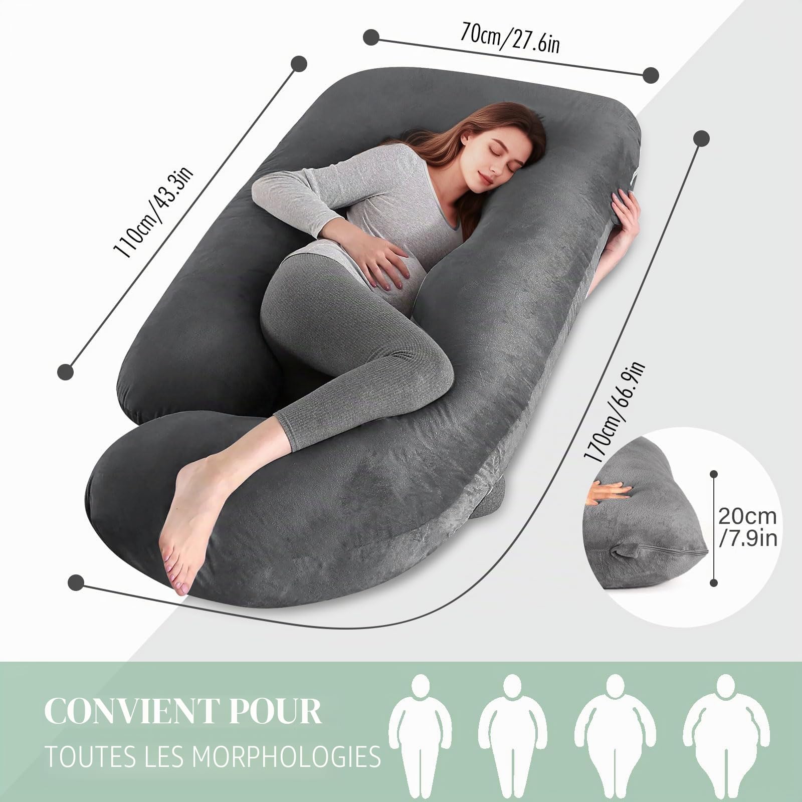 170 CM Coussin de Grossesse pour Dormir, Oreiller de Corps Complet en Forme de U, Soutien pour Le Dos, Les Hanches et Les Jambes des Femmes Enceintes, avec Une Housse en Velours Lavable (Gris)