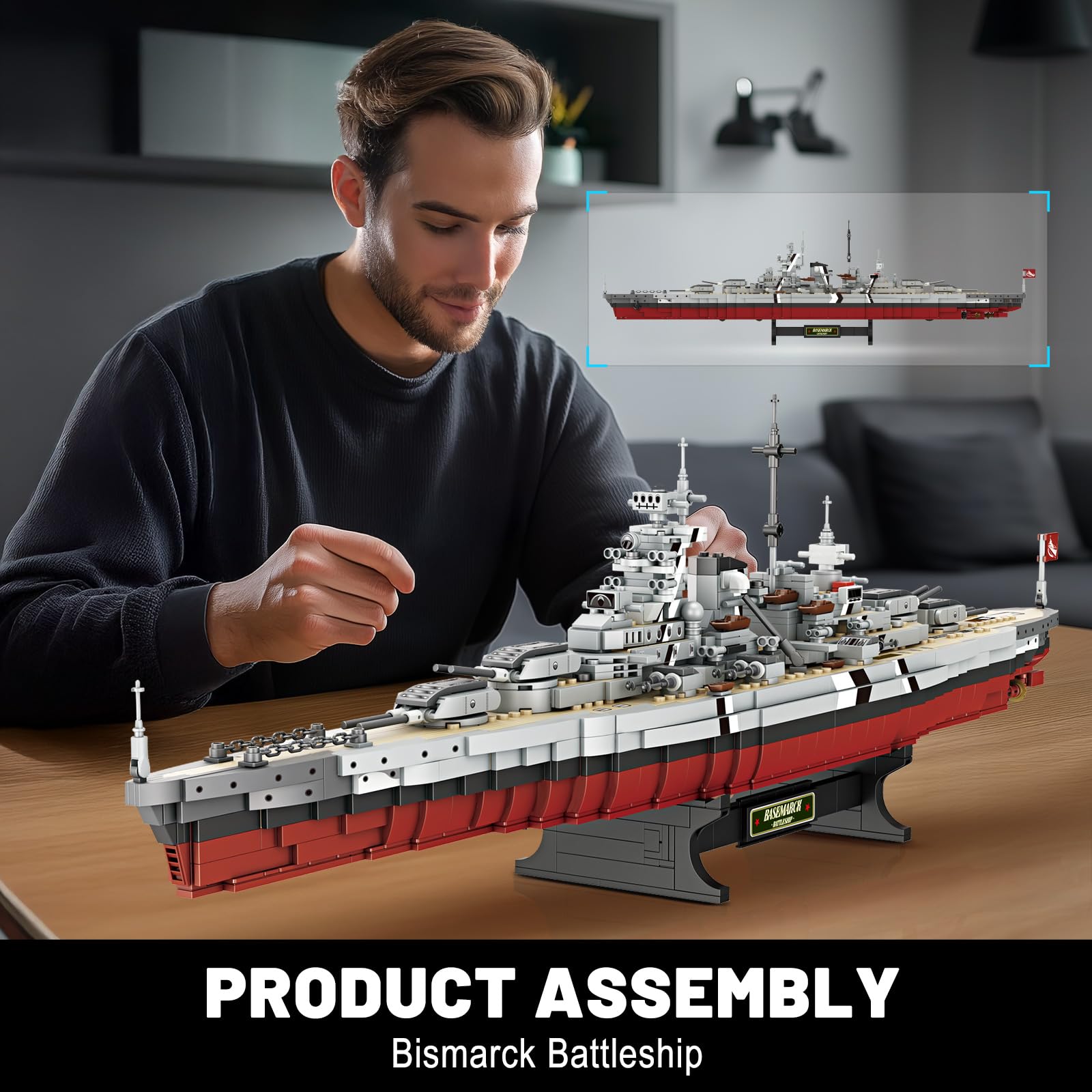 Brihappen Giocattolo militare con blocchi da costruzione, modello da esposizione della nave da guerra Bismarck della Seconda Guerra Mondiale, regalo per ragazzi e uomini adulti (2081 pezzi)