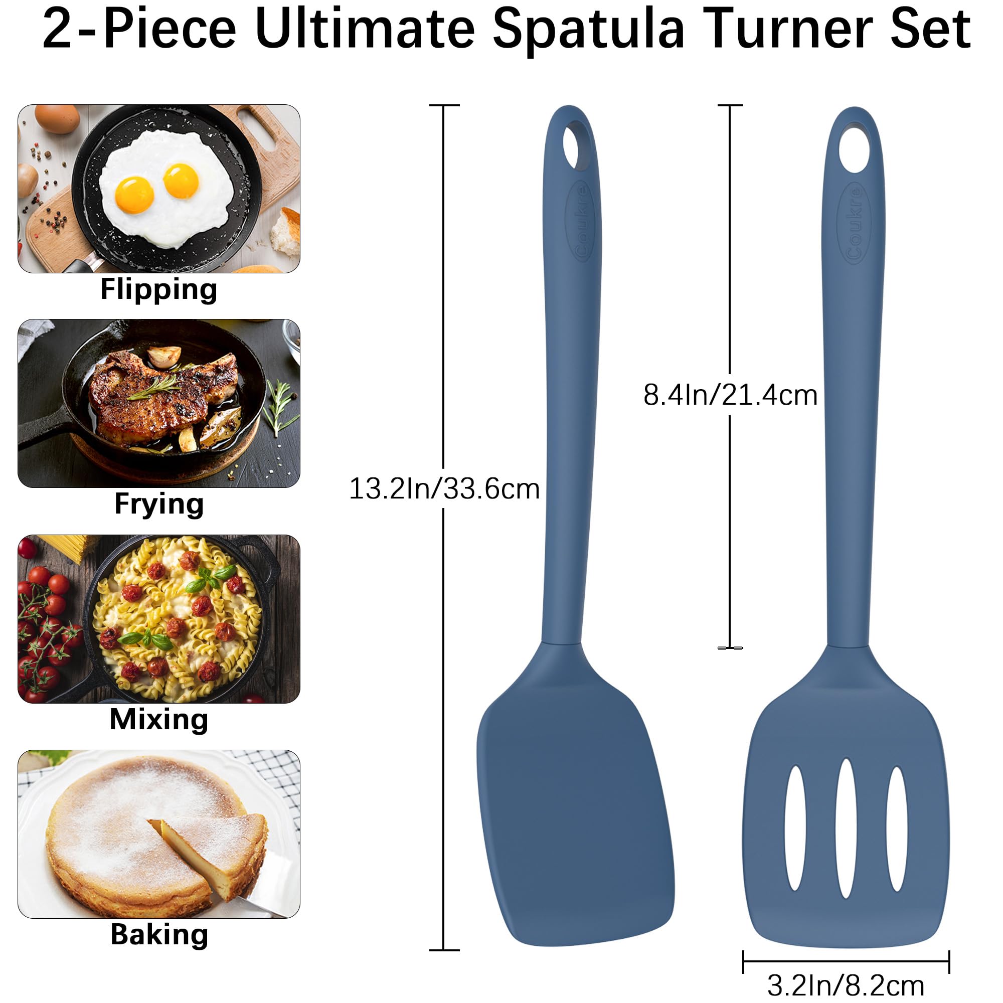 Juego de 2 espátulas de silicona, espátula de cocina resistente al calor, espátula sólida y ranurada para utensilios de cocina antiadherentes y cocina (2, azul oscuro)