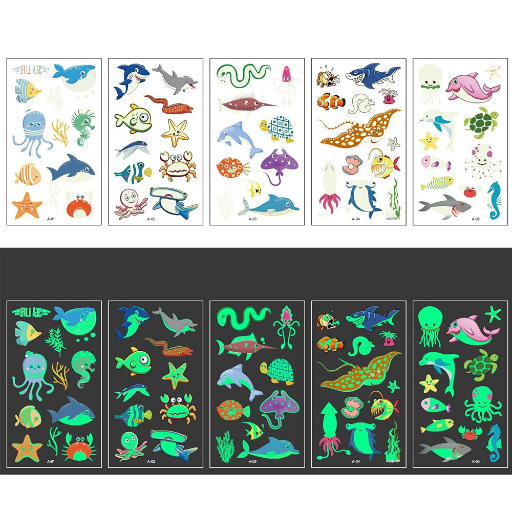 5 Sheet Luminous Temporary Tattoos for Kids Fluorescence Tattoos Stickers Cartoon Theme Fake Tattoos for Children Boys Girls Birthday Gift Party Supplies Decorations Prizes (Ocean World)