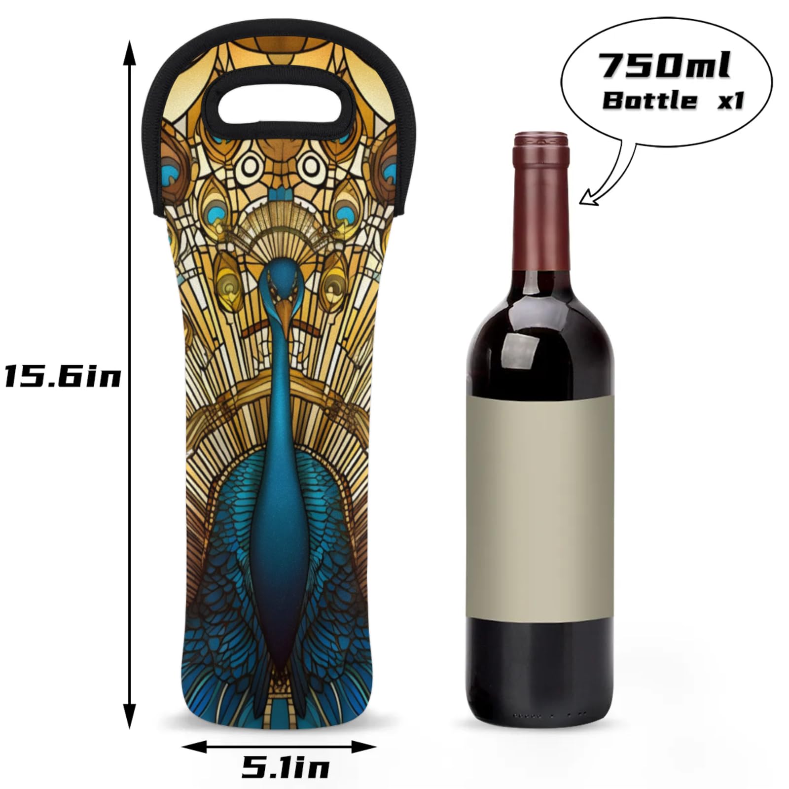 Neoprene Wine Tote Carrier Bag for Wine,Water, Champagne, Beer, Baby Bottles 15.6 x 5.1 Inches, Protective Wine Bag,Peacock