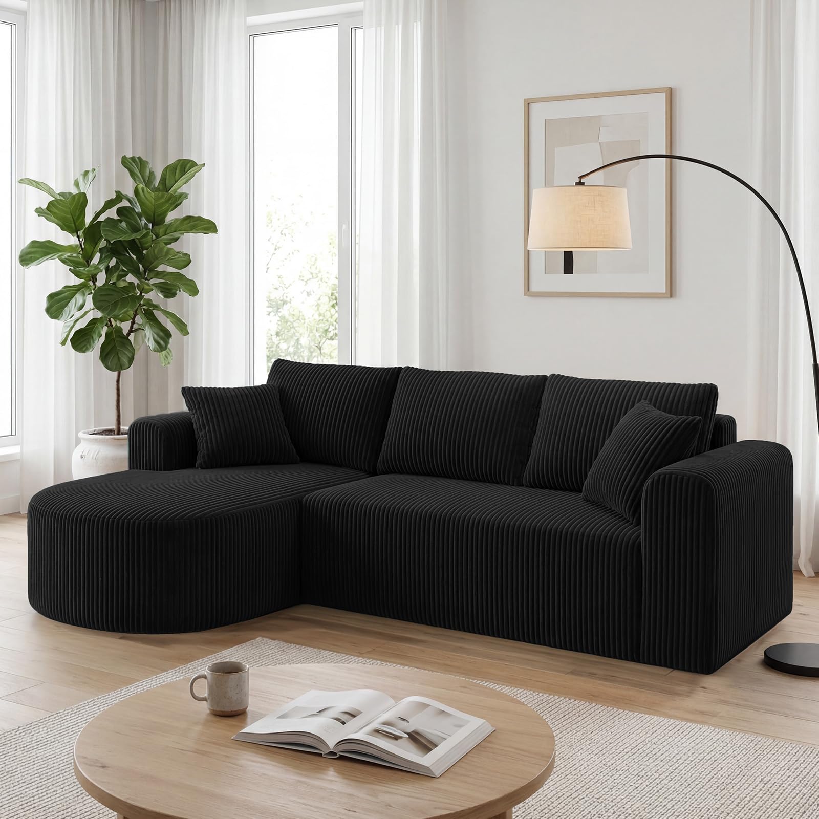 COMHOMA Sofá esquinero con función de dormir, 243 cm, sofá modular sin boneless con chaise longue, sofá cama seccional con cojines y bolsillos laterales, sofá para salón, sin montaje, color negro