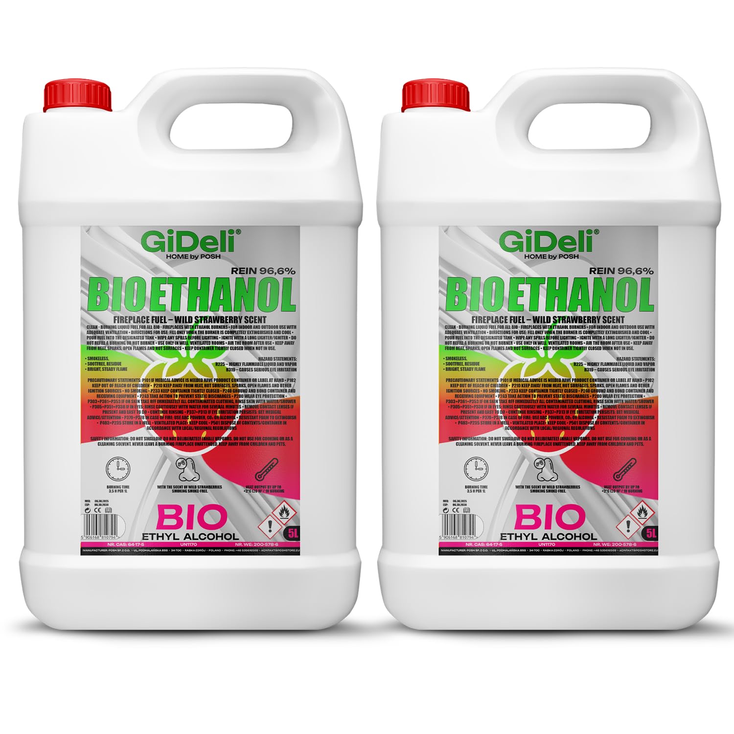 GiDeli Bioetanolo, 2 x 5 l, profumo di fragola selvatica, 96,6% etanolo, per camini interni ed esterni, senza fumo e fuliggine, da mais e barbabietola da zucchero