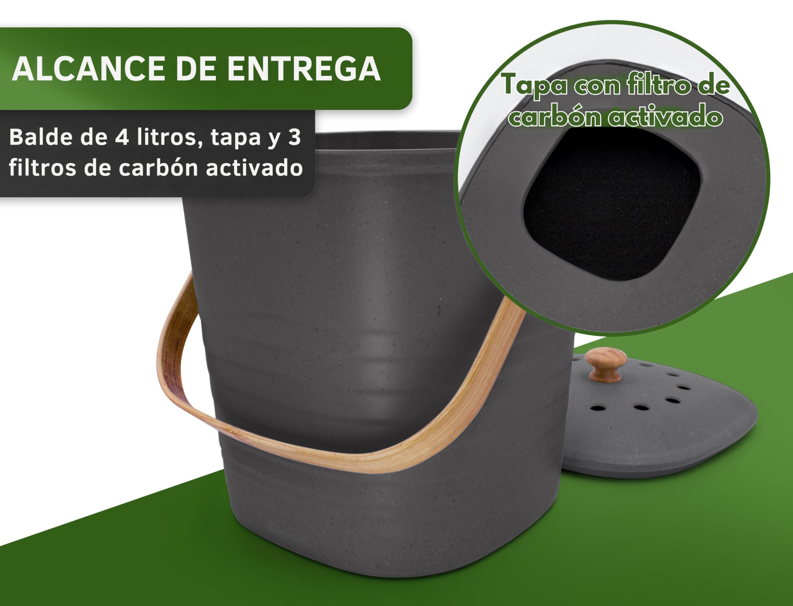 YourCasa Cubo Basura pequeño 4L - Cubo Basura organica con Filtro de carbón Activado - Cubo organico Cocina con Tapa compostador Cocina Cubo Basura organica pequeño Basura organica Cocina (Antracita)