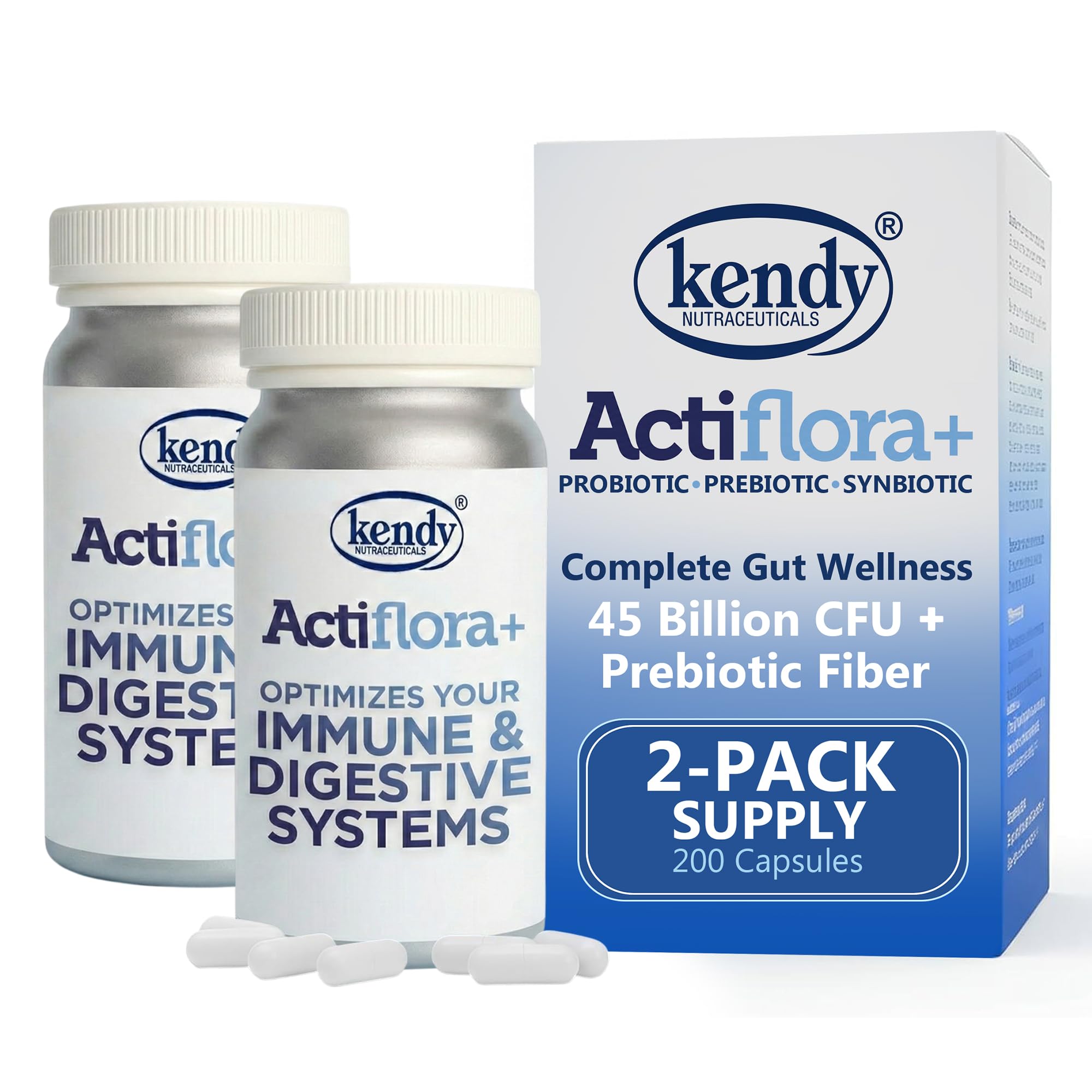Dr. T Kendy Actiflora+ Suplemento Simbiótico com Probióticos e Prebióticos, 45 bilhões de UFC, 200 cápsulas