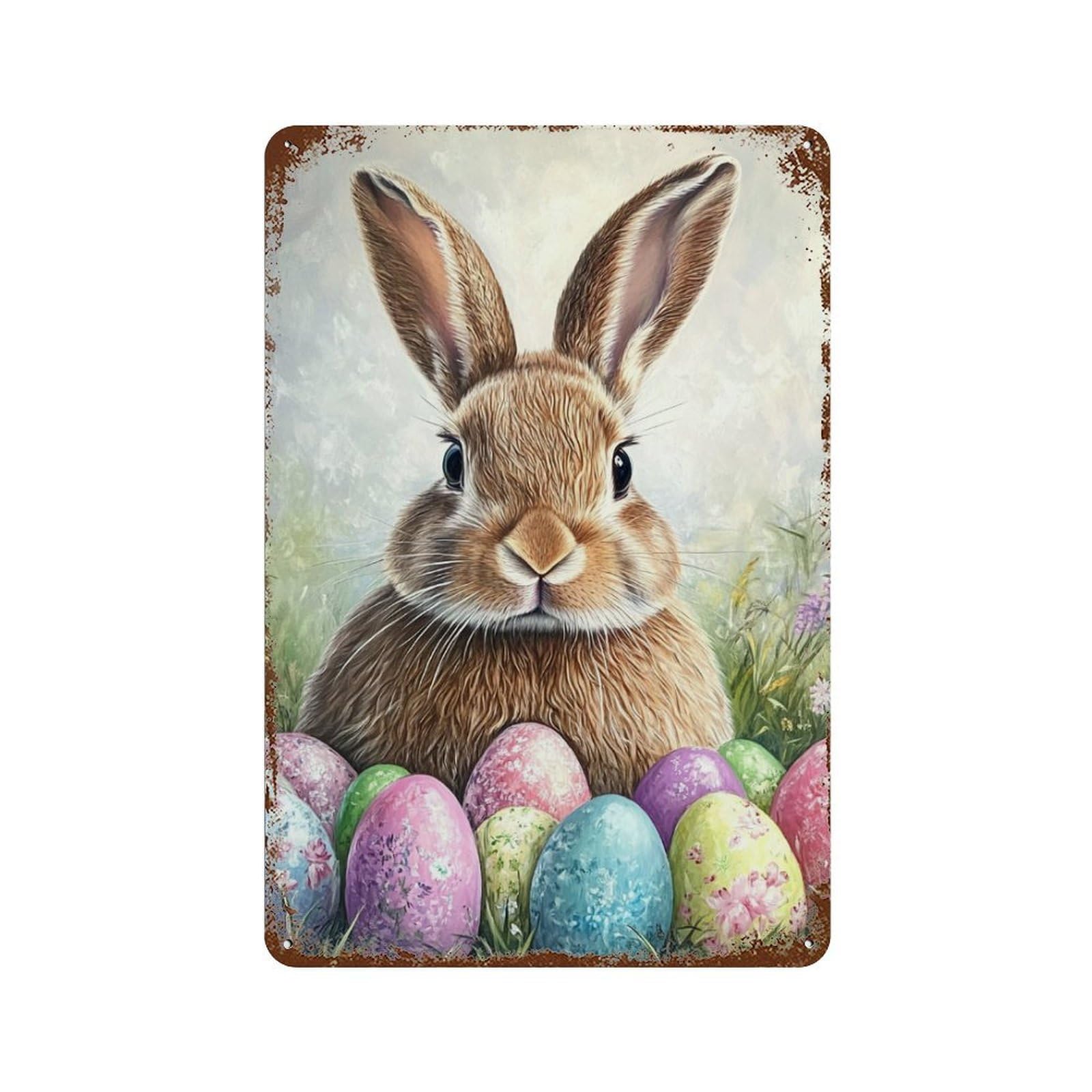 Vintage Rust Metal Sign Easter Bunny with Eggs-7 11.8"x7.9", Retro Wall Decor for Patio, Garden Room And Bar Decor