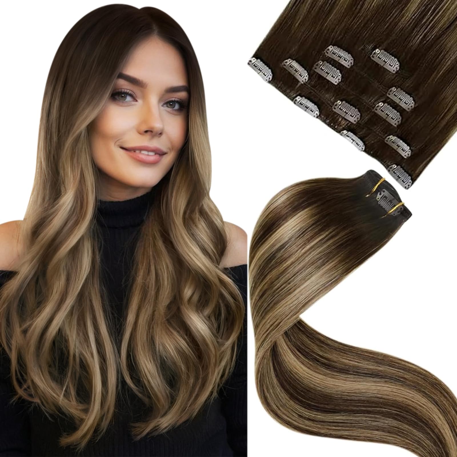 LaaVoo Clip in Hair Extensions Real Human Hair Dark Barown Hair Extensions Clip in Straight Balayage Mix Blonde Remy Hair Full Head Double Weft 80g 5pcs 18 Inch #4/27/4