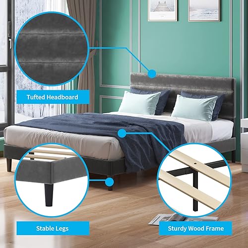 Miniatura 5 de Mjkone Base de cama de plataforma tamaño King con cabecera ajustable, moderno marco de cama tapizado de terciopelo holandés, marco de cama con