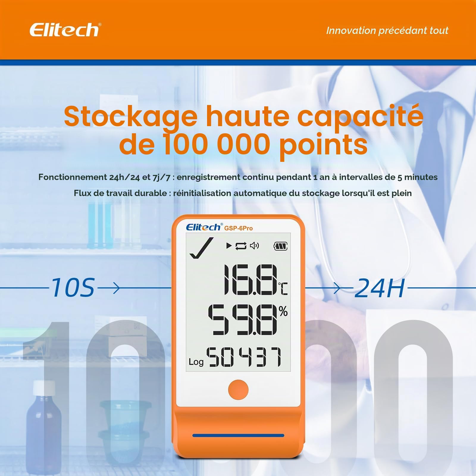 Elitech Enregistreur de Données de Température et d'humidité Bluetooth, Thermo-Hygromètre 2 Sonde pour Réfrigérateur Frigo, 100 000 Points APP Connecté, GSP-6 Pro