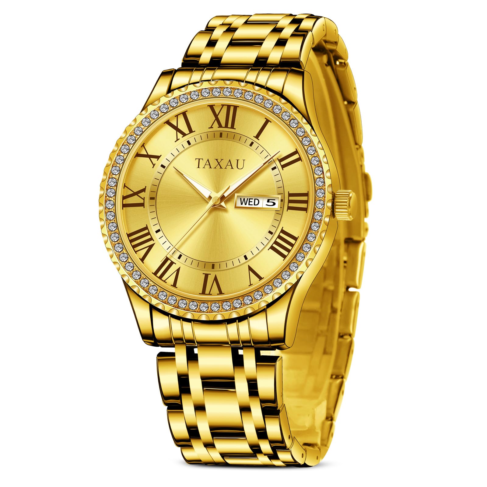 Taxau Watches For Men, Silver Gold Stainless Steel Diamond Roman Numeral Men Waterproof Analog Watch With Day Date, Big Face Easy To Read Mens Watch, A4 Gold Face + Gold Band, Standard, Dress (B0CPWCSS42) Amazon Price History, Amazon Price Tracker