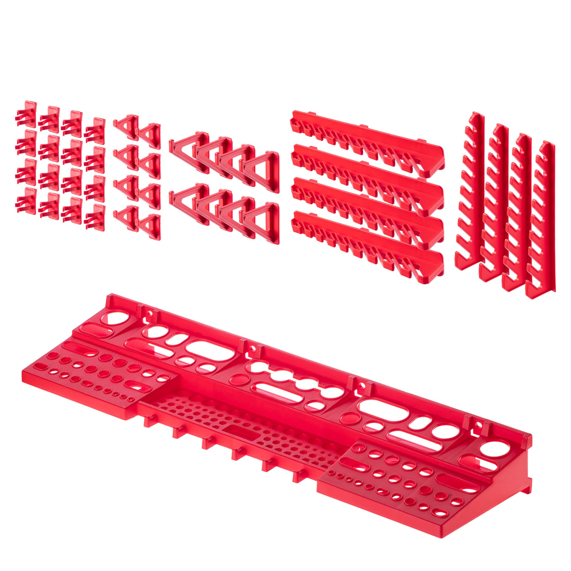 KADAX Estantería de pared para taller, 116 x 78 cm, sistema de almacenamiento de plástico resistente, resistente a los rayos UV, paneles de pared ampliables, estantería a granel (rojo, 83 piezas)
