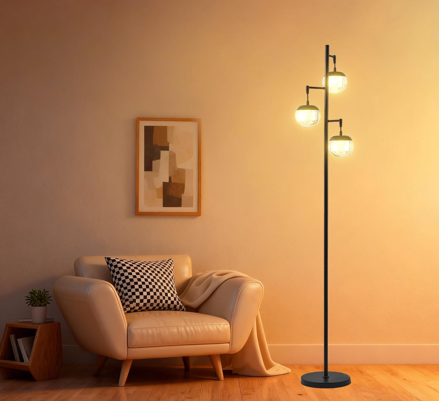 Fiqevs Mid Century Modern Floor Lamp with LED Bulbs, 3 Globe Standing Lamp with 3 Ribbed Clear Orb Shades, Black Tall Lamp for Living Room Bedroom Office