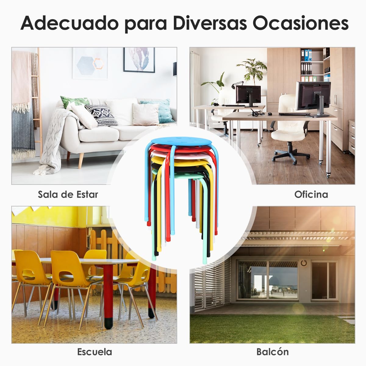 GOPLUS Juego de 6 Taburetes Apilables de Metal, Taburetes Redondons sin Respaldo con Asiento Plástico, Conjunto de Taburetes Portátile para Cocina Comedor Escuela Oficina, 37×37×44 cm (Multicolor)