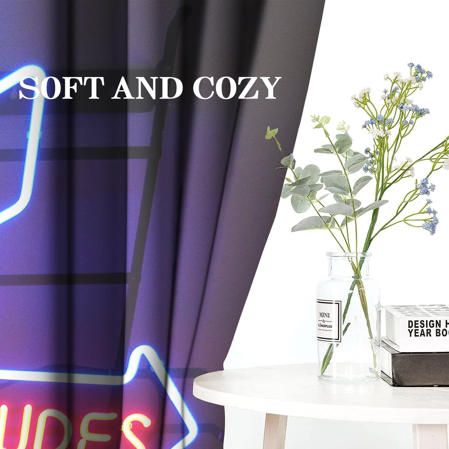 Funny Short Curtains, Blackout Thermal Small Curtains for Windows Kitchen Cafe Bedroom, Neon Sign Blue Decor Rod Pocket Window Curtains 2 Panels Set, 36" W x 63" L