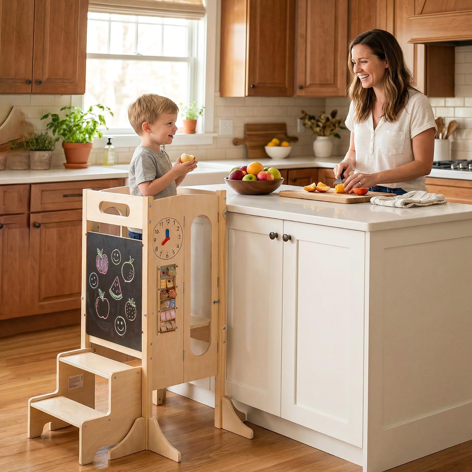 COSTWAY 4 in 1 Lernturm klappbar, Tritthocker aus Holz mit 2-Stufen Hocker, Tafel & abnehmbarem Sicherheitsnetz, Learning Tower Montessori, Tritthschemel für Kinder ab 3 Jahren, Natur