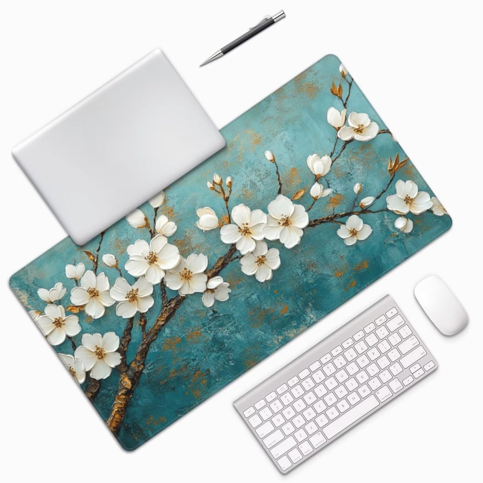 Gaming Mauspad XXL 1000x500x3mm Mousepad Verlängertes Groß Mauspad Schreibtischauflage,Genähte Kanten rutschfeste Gummibasis,Verbessert Präzision Geschwindigkeit Home Office Weiße Birnenblüte L-482