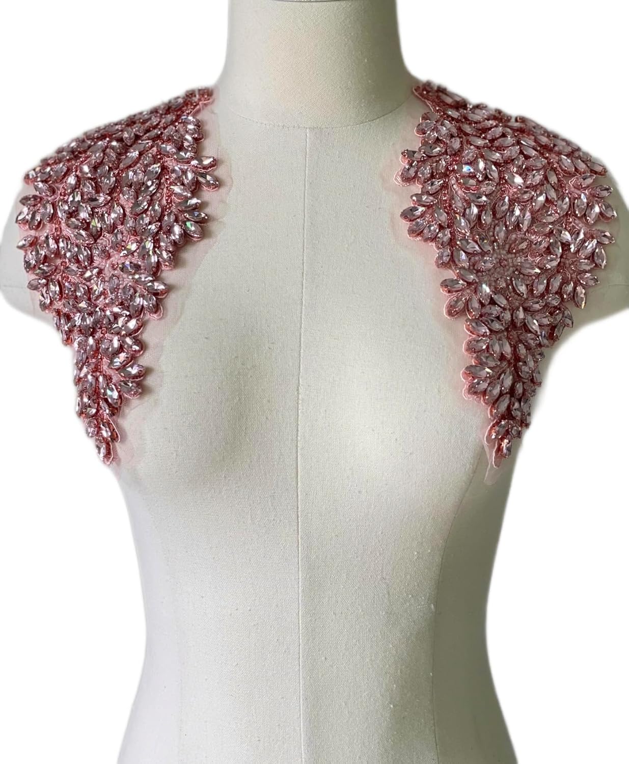 1 Pair Handmade Shining Pink Rhinestones Applique Patches Sewing Beads Sequins Stone Trim Accessories for Wedding Dress Decoration,10.7" *5.9" Leaf Flower Applique (Pink)