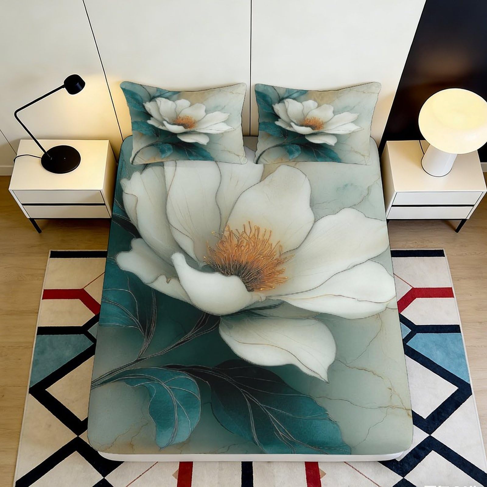 Uynsixtme Style-8 3D Printed Magnolia Fitted Sheet Microfiber Non-Slip Deep Pocket Bedroom Bedding Magnolia Mattress Fitted Cover All-Around Washable 140X200x25cm
