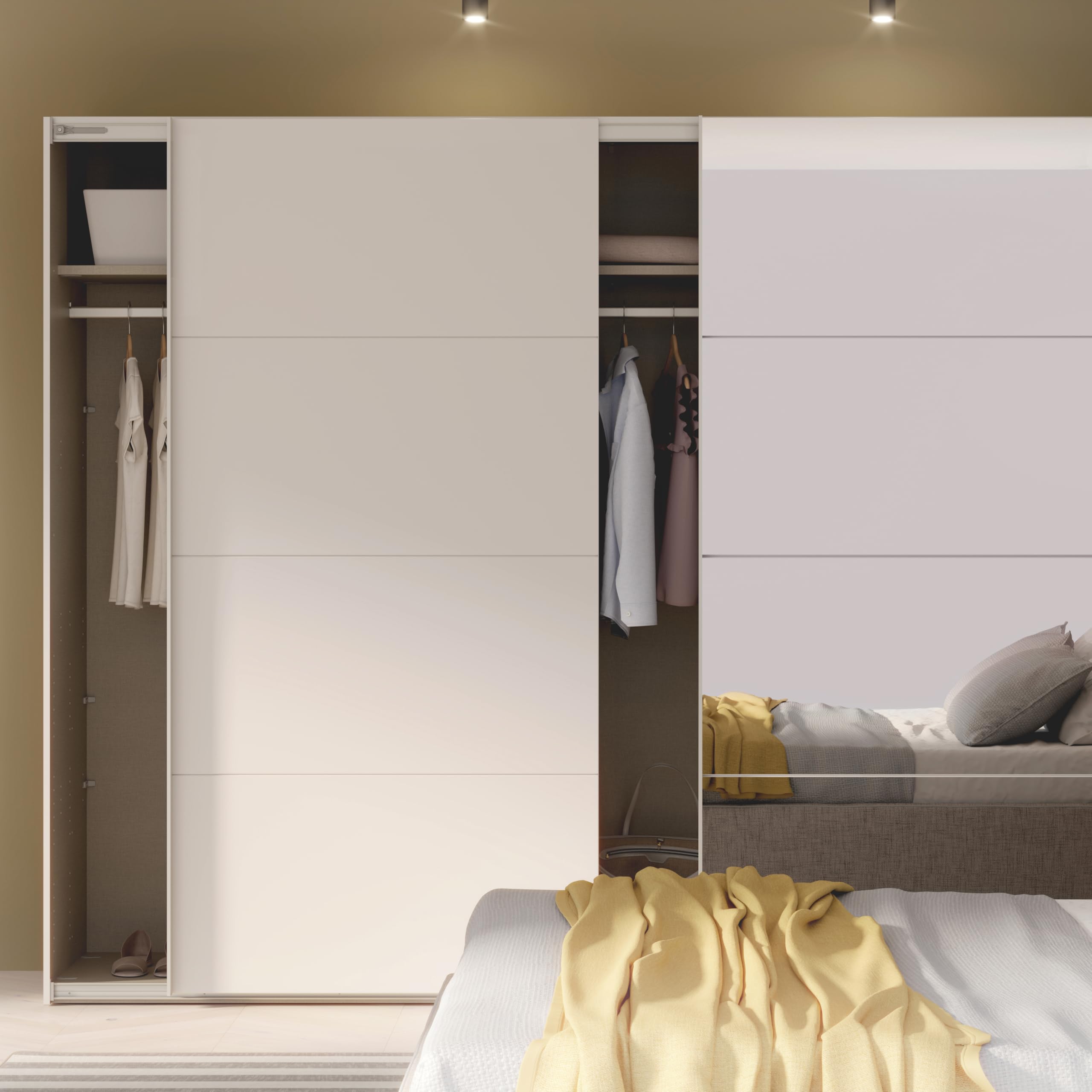 Forte SOPHISTISPACE Kleiderschrank 300, 3-türiger Schwebetürenschrank mit Spiegelfront, Einlegeböden und Kleiderstange, Weiß, 299,8 cm breit, 210,5 cm hoch, 62,9 cm tief