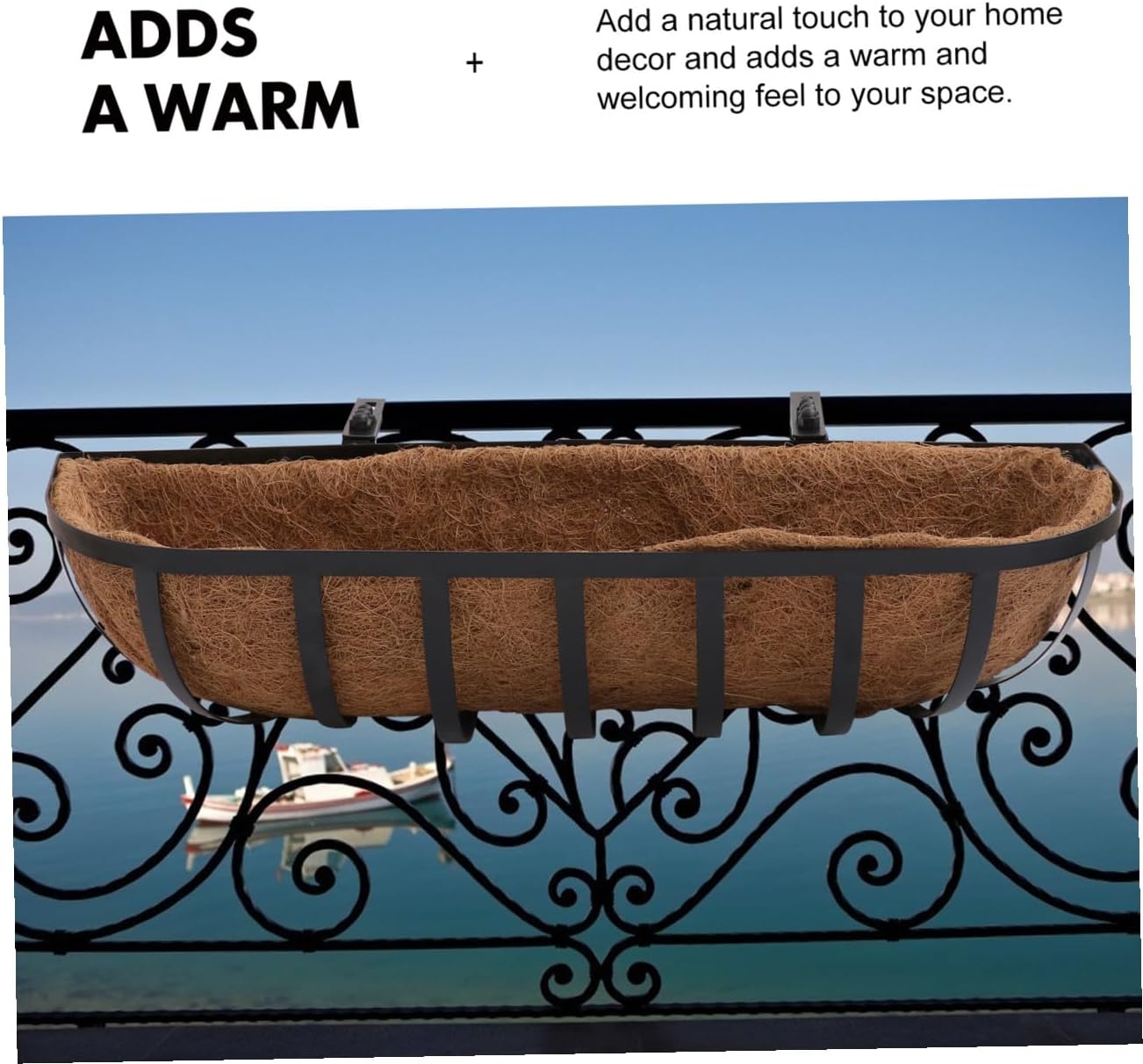 Wall-Mounted Iron Art Coconut Coir Hanging Basket 24-inch Semi-Circle Planter for Balcony and Patio Plant Decoration