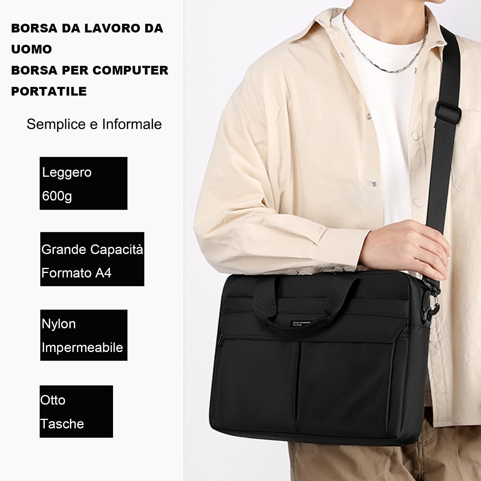zhongningyifeng Borsa a tracolla per computer portatile da 14 pollici, in nylon leggero, impermeabile, per lavoro, studio, viaggio