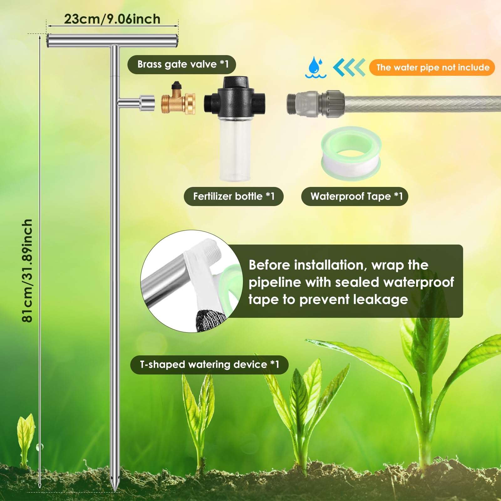 PTMTFYL Tree Watering Spike Deep Root Watering Tool, Stainless Steel Root Feeder with Fertilizer Bottle and Brass Valve, Irrigation System with 4 Outlet Holes for Plants Trees Bushes Shrubs