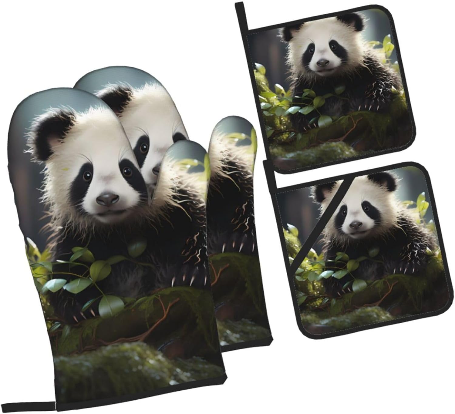 Panda Cubs in The Forest Oven Mitts and Pot Holders Sets Barbecue Mitts High Heat Resistance Anti Slip for Baking Cooking